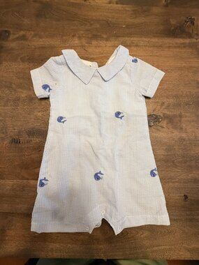 Seersucker Whale Short John John Shortalls 18 mos